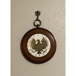Vintage American Eagle Ceramic Picture On Wood Plaque Patriotic Crest